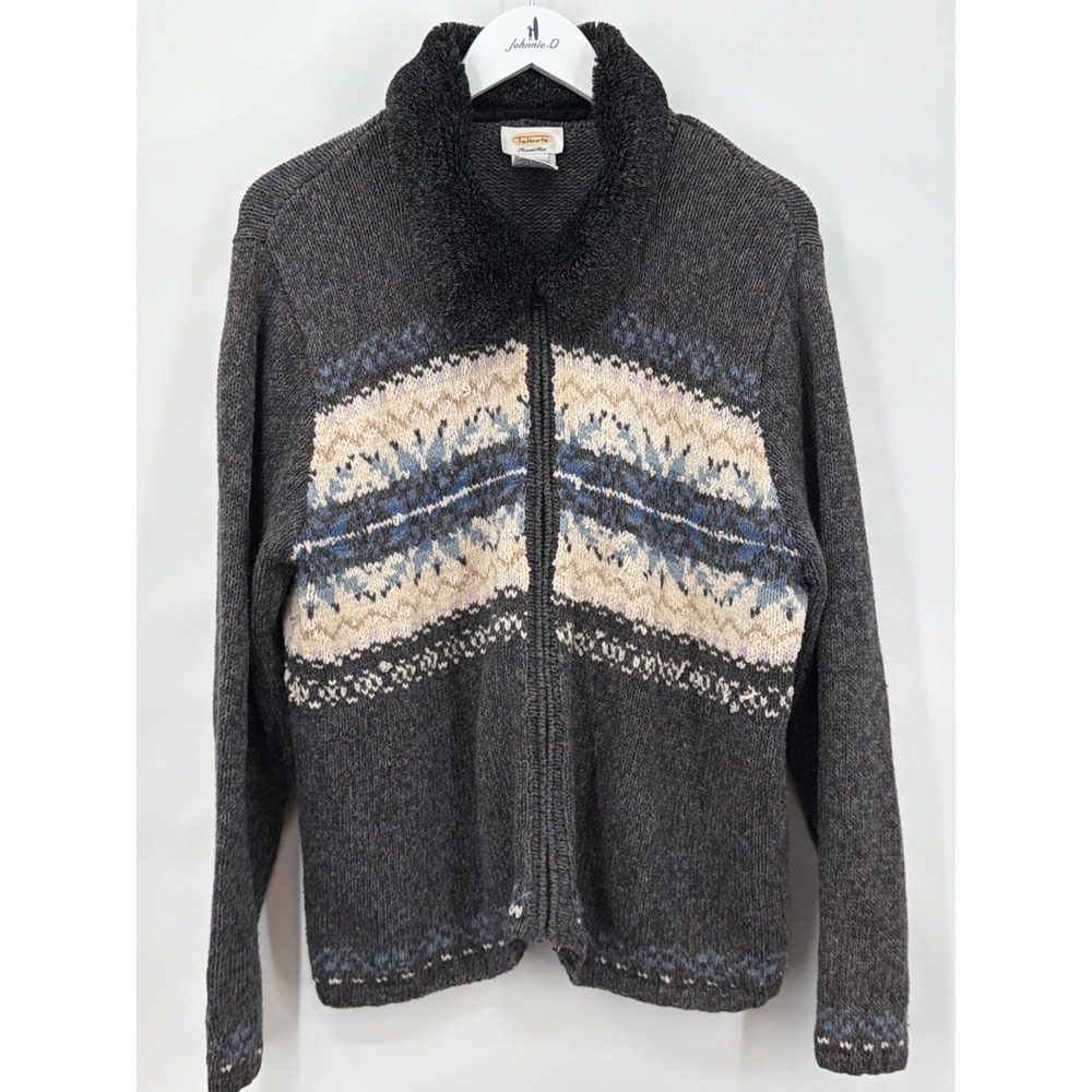 Talbots Hand Knit Fair Isle Full Zip Cardigan Sweater Gray Faux Fur Collar XL